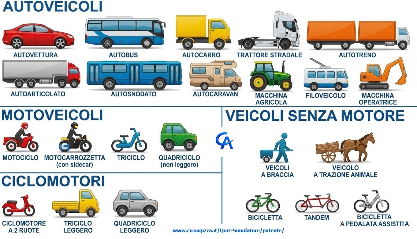 Classificazione dei veicoli: autoveicoli (autovettura, autobus, autocarro, trattore stradale, autotreno, autoarticolato, autosnodato, autocaravan, macchina agricola, filoveicolo, macchina operatrice), motoveicoli (motociclo, motocarrozzetta, triciclo, quadriciclo), ciclomotori e veicoli senza motore