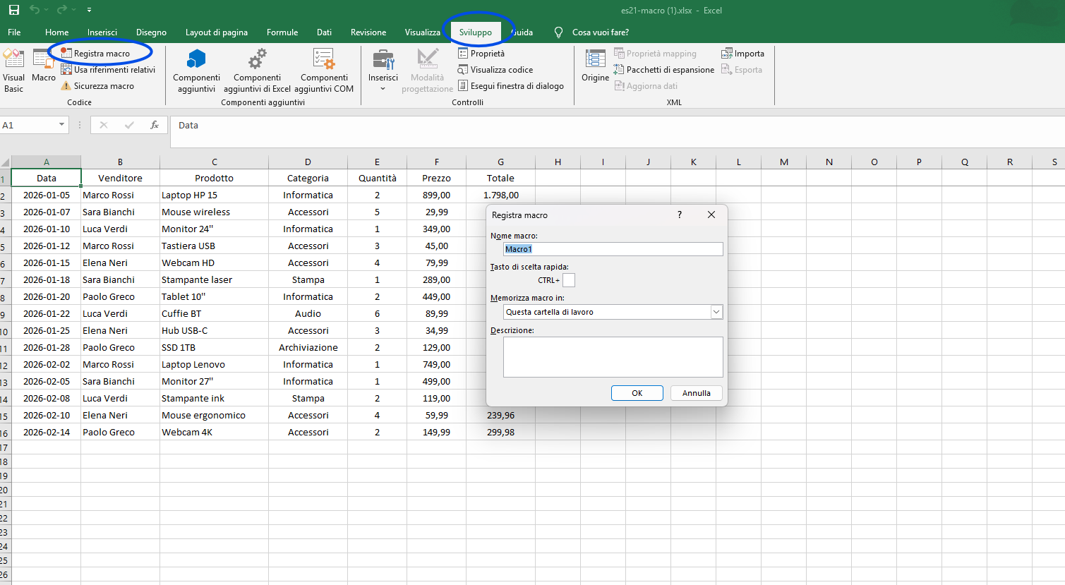 Pulsante Registra macro nella scheda Sviluppo di Excel