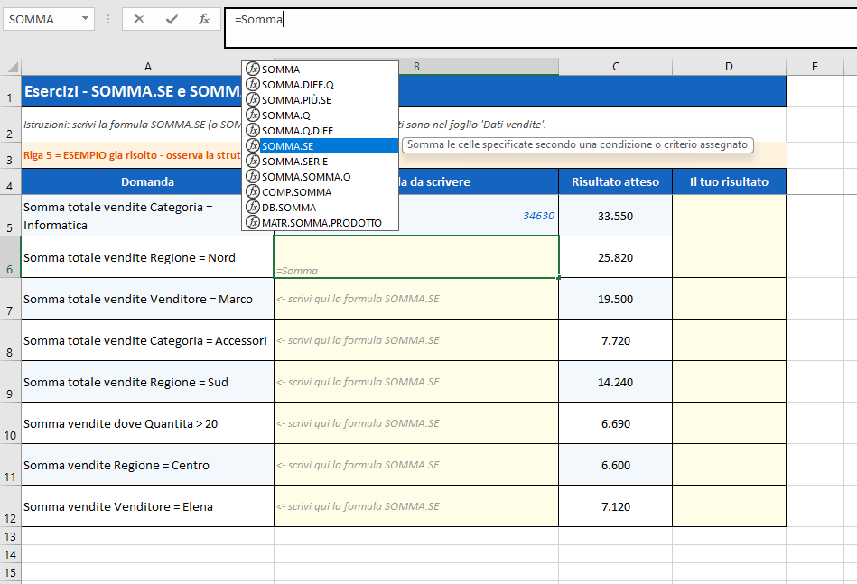 Excel suggerimento automatico SOMMA.SE
