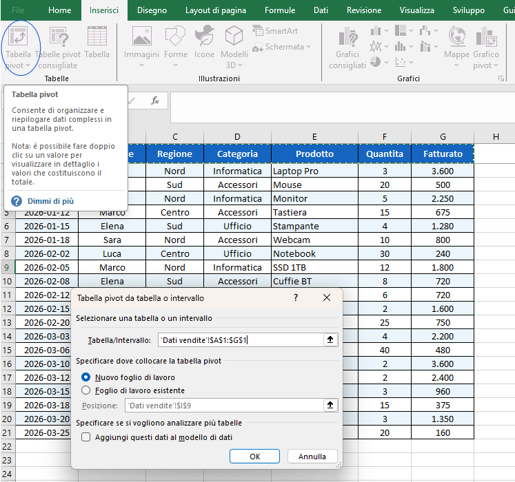 Inserisci Tabella Pivot in Excel