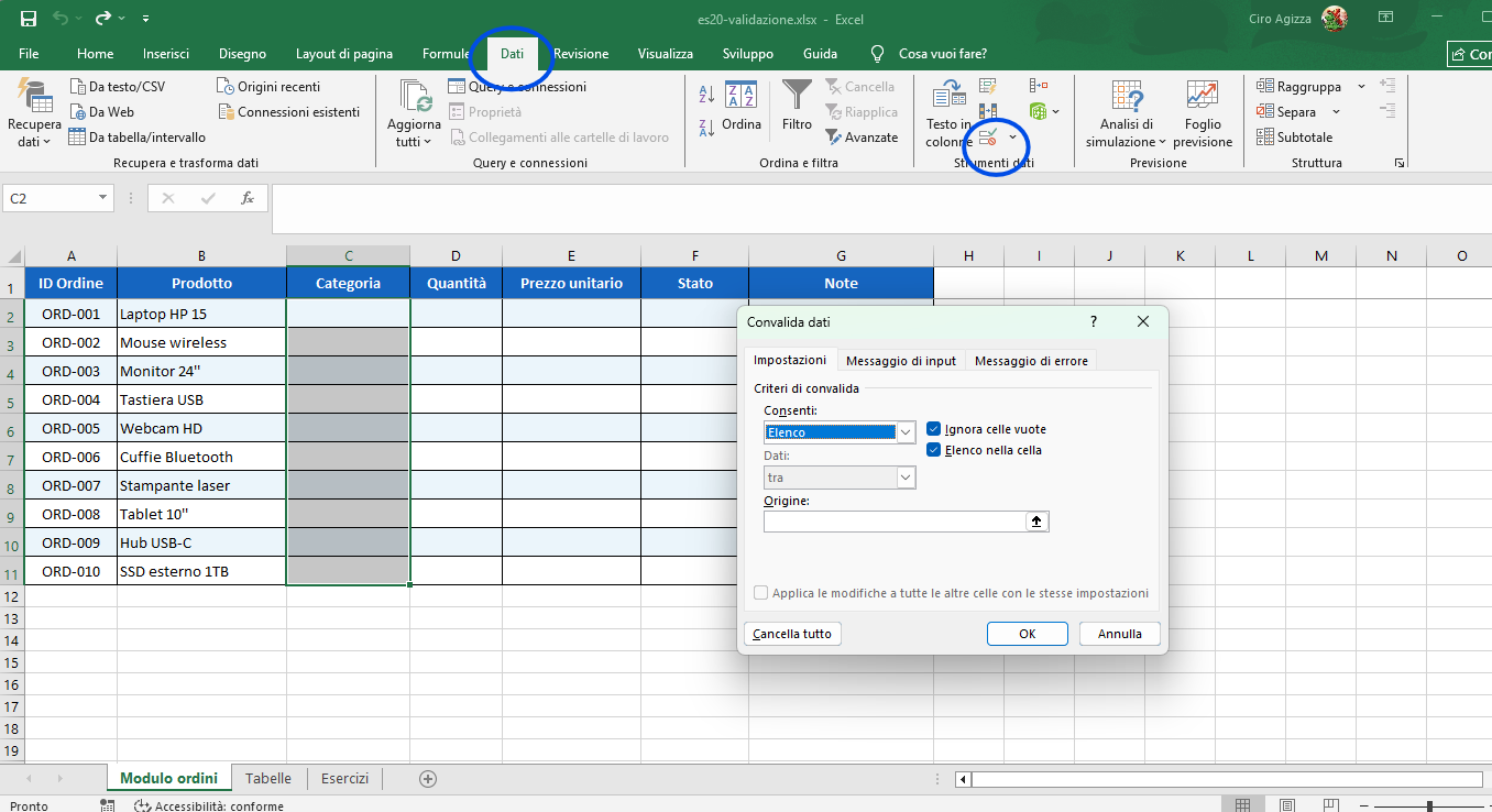 Finestra Convalida dati di Excel con Consenti Elenco selezionato